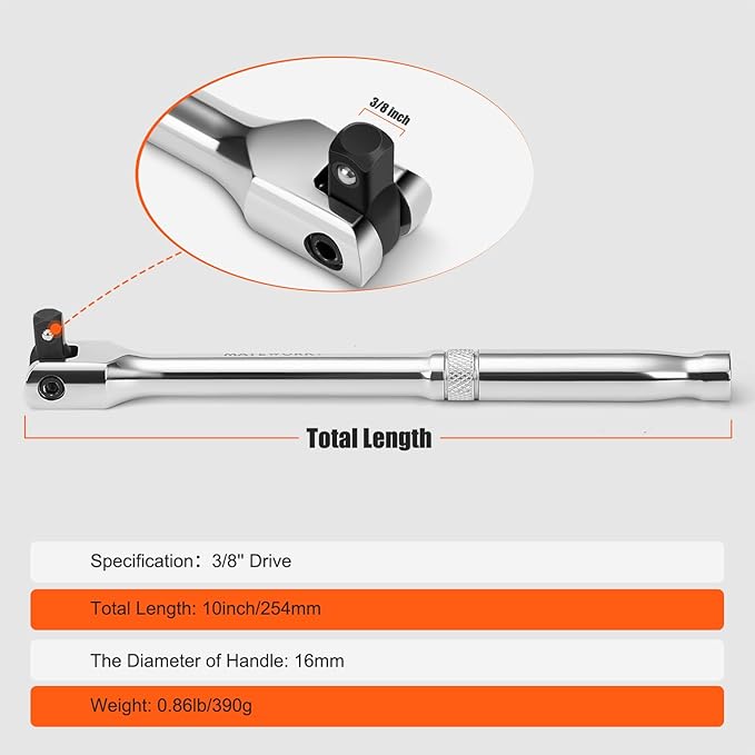 3/8'' Drive Breaker Bar, 10 Inches Long Extension Breaker Bar with 180-Degree Cr-V Flex Head and Engraved Non-slip Handle, Polished Finish, Home Use Socket Wrench