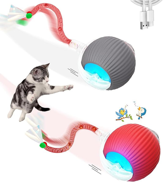 2PCS Interactive Cat Toys for Indoor Cats,New Generation Interactive Cat Ball Toy with Elastic Mesh Tail,Automatic Cat/Kitten Toys with Chirping & Motion Activate,Cat Toys for Bored Indoor,Red & Gray