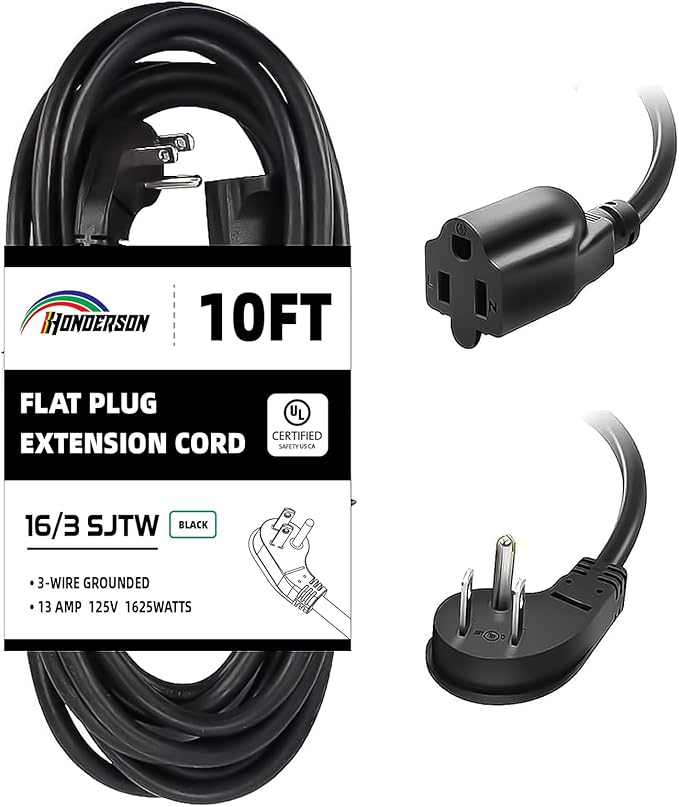 Flat Plug Indoor Extension Cord, UL Certified, 16 Gauge 10FT Black 3 Prong Heavy Duty, 16/3 SJTW 13A Power Cord for Lights, Appliances, Home