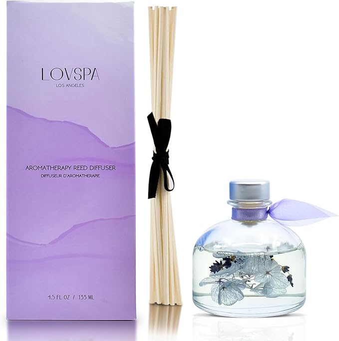 LOVSPA Reed Diffuser Set, Calm Spanish Blue Lavender Scented Oil Diffuser with Sticks, Home Fragrance Accessories for Bathroom Shelf Decor, Aroma Diffusers for Home or Office Desk, USA Made