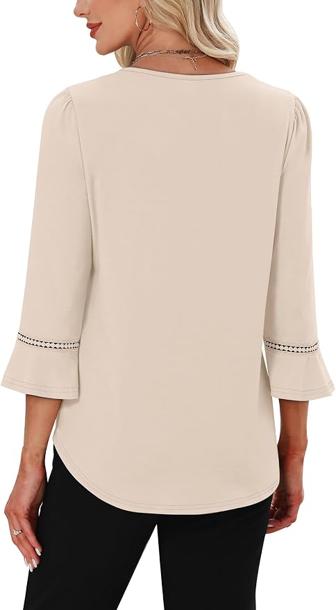 WIHOLL Womens Blouses Dressy Casual 3/4 Length Sleeve Tops Lace Trendy 2026 Spring Summer V Neck Shirts Vacation Outfits