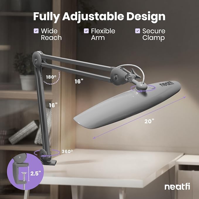 Neatfi XL 2200 Lumens 24W LED Desk Lamp – Shadow-Free Task Lighting | 4-Level Dimming | Home Office & Crafts Use | 20-Inch Wide Head (Silver, Non-CCT with Clamp)