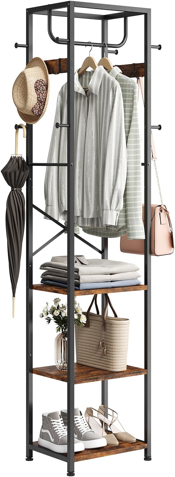 ELYKEN Coat Rack Freestanding, Hall Tree with 3 Storage Shelves and 12 Hooks, Industrial Clothes Rack Stand Organizer for Bedroom, Hallway, Entryway, Office, Living Room, Rustic Brown