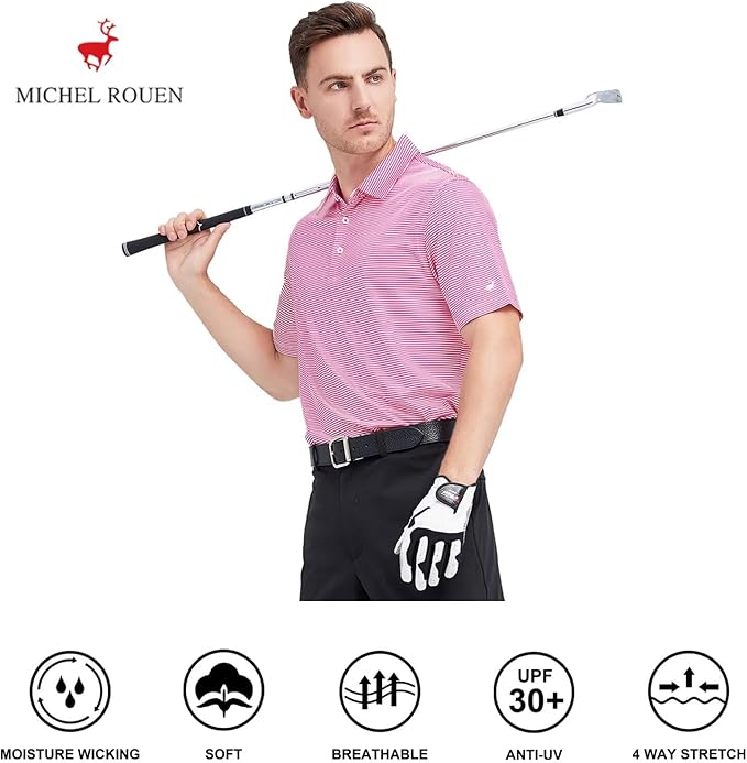 Mens Golf Shirt Moisture Wicking Dry Fit Performance Sport Short Sleeve Striped Golf Polo Shirts for Men