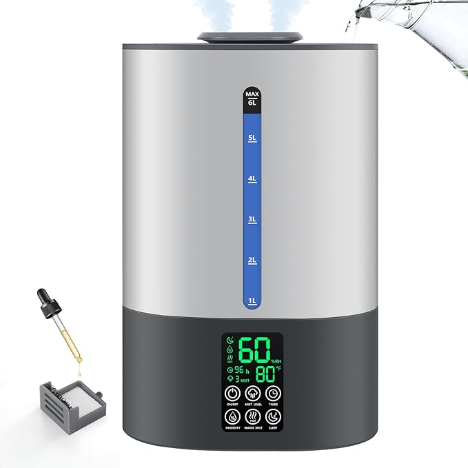 6L Humidifiers for Bedroom Large Room Home,Cool and Warm Humidifier for Baby and Plants Mist Top Fill Desk Humidifiers Essential Oil Diffuser, Quiet with Adjustable Mist,360°Nozzle-Grey