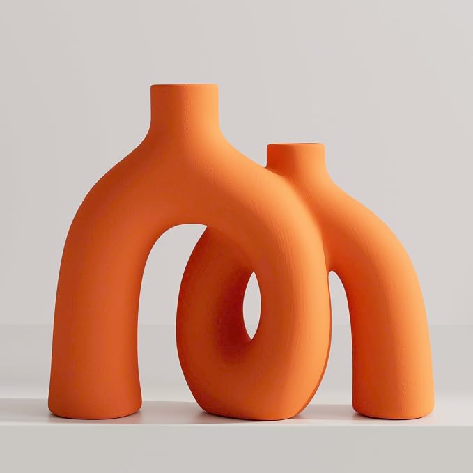 Hug Donut Decorative Vase Set - Modern Vases Home Decor, Decorative Vase for Bookshelf, Entryway Table, Dining Table Centerpiece, Mantle or Fireplace Decor, Console (Orange)