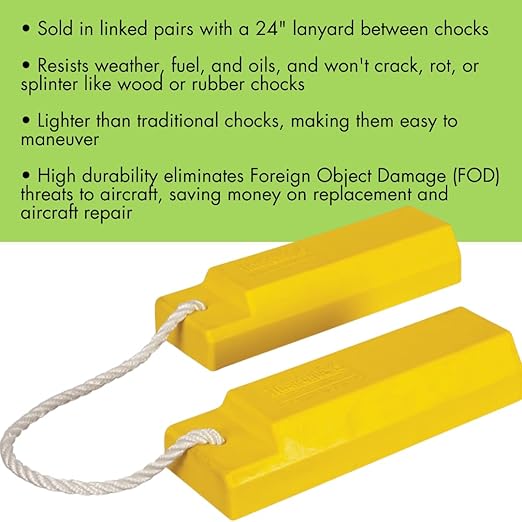 Checkers 18" Airplane Chocks, Aviation Wheel Chocks for Small to Mid-Sized Aircraft, Roped Pair Tire Chock for Polished Hangar Floors, Durable Lightweight Urethane, Yellow, AC3518-RP-P