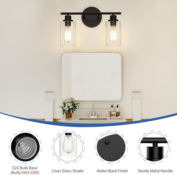 GORDNWE Modern Vanity Light - 2 Lights, Matte Black, E26 Bulb Base, Over Mirror, Farmhouse Style