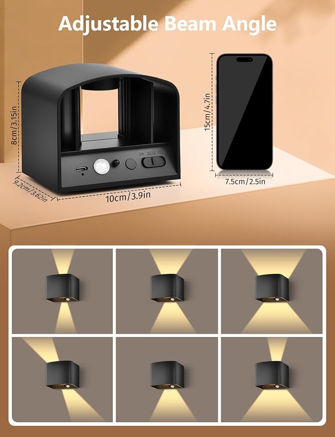 Rechargeable Motion Sensor Wall Light, Black 6000mAh Wireless LED Sconces with Remote Control, Dimmable 2700K-6500K, Adjustable Beam Angle, Battery Operated, 3 Modes for Living Room, 4-Pack