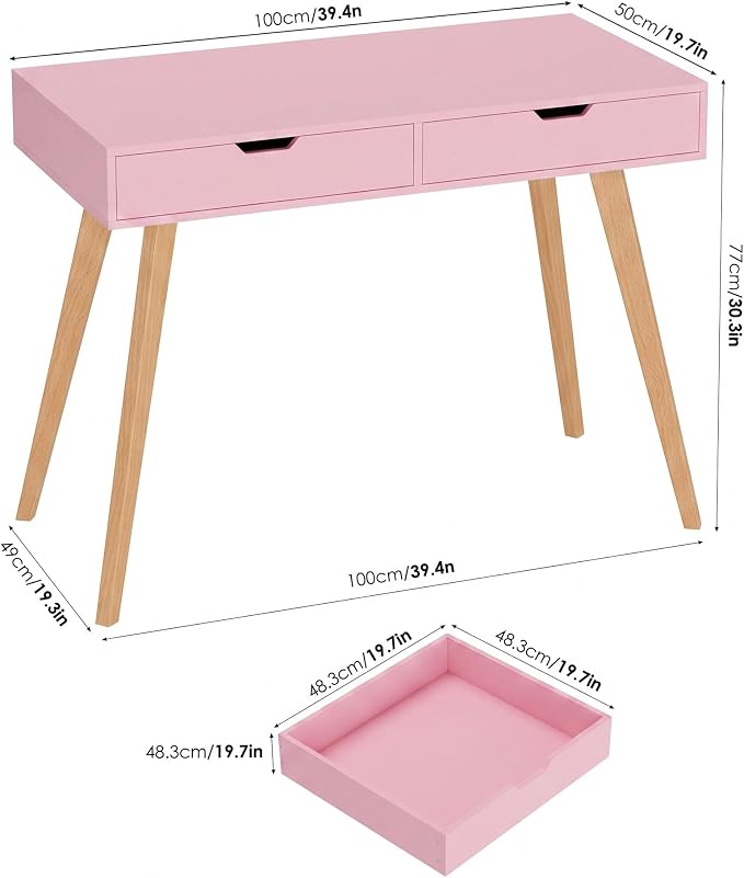 FOTOSOK White Computer Writing Desk with 2 Drawers, Small Desk Makeup Vanity Table Wood Desk with 4 Oak Legs, Modern Home Office Desk Console Study Table, Pink