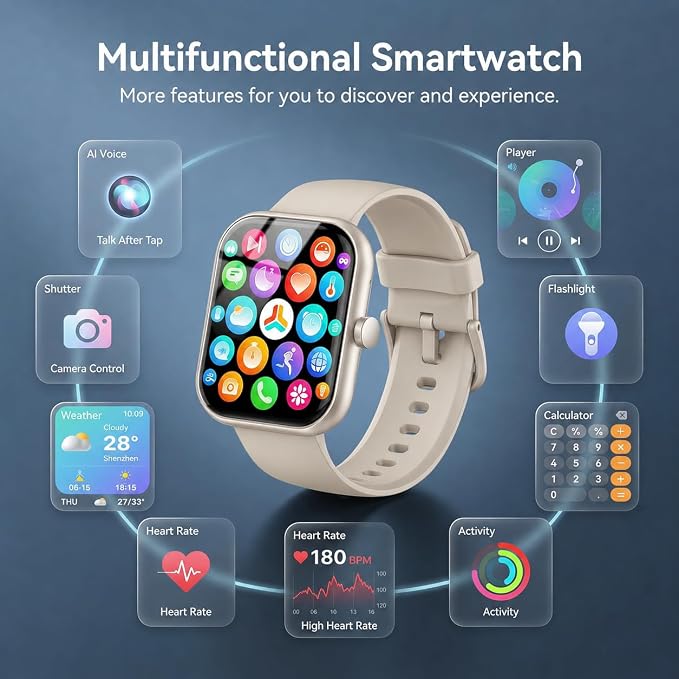 Smart Watch for Men Women (Answer/Make Call), 1.83" HD Touchscreen Fitness Tracker, 110+ Sport Modes, Fitness Watch with Heart Rate/Sleep Monitor/Step, Waterproof Smartwatch for Android,Silver Beige