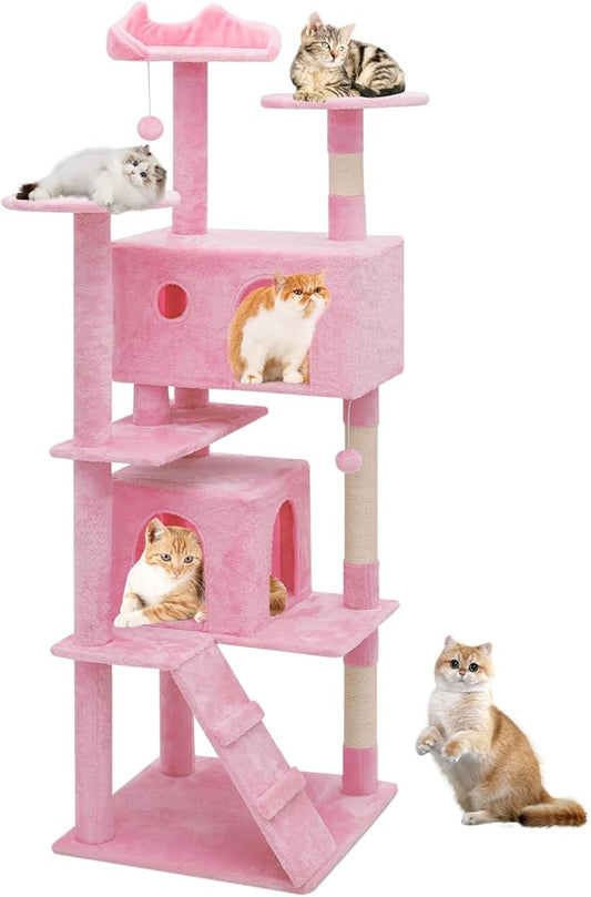 Athena Collection 70 Inch Cat Tree for Indoor Cats, Multi-Level Activity Center with 2 Condos, Scratching Post & Dangling Ball, Tall Climbing Tower, Pink