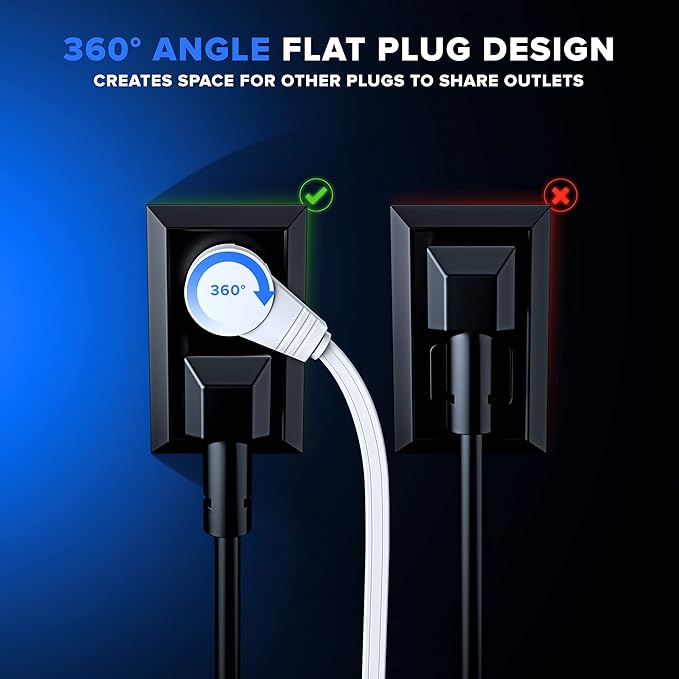 Maximm 360 Degree Rotating Flat Extension Cord 3 Ft Multi 3 Outlet Power Cord Grounded 16 AWG UL Certified, White