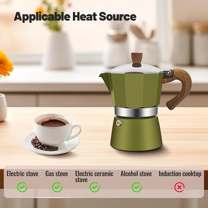 6 Cup Aluminum Moka Pot Classic Stovetop Espresso Coffee Maker 300ml 10oz Coffeemaker Percolator Mocha Pot Greca Coffee Maker Cafe Makers for Italian and Cuban Café Brewing Green