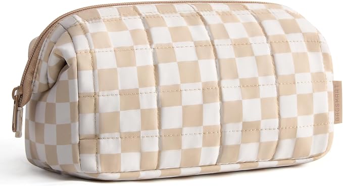 BAGSMART Makeup Bag Travel Toiletry Bag, Zipper Pouch, Checkered Khaki | Wide-open, Puffy Padded, Travel Essentials, Make Up Bag, For Women, Makeup Organizer, Toiletries Accessories Brushes