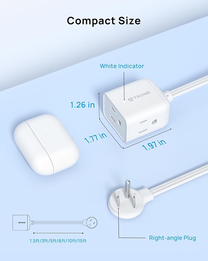 TROND Flat Extension Cord 15ft - Right Angled Flat Plug Power Strip, ETL Listed, 3 Plug Extension Outlets, Three Prong, SPT 16/3 Gauge Cable, 13 Amps, Compact for Indoor Home Office Kitchen, White