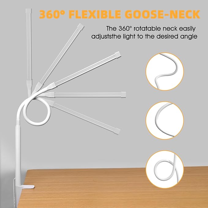 Voncerus LED Desk Lamp with Clamp, Eye-Caring Clip on Lights for Home Office, 3 Modes 10 Brightness, Long Flexible Goose-Neck, Metal, Swing Arm Architect Task Table Lamps with USB Adapter, White | 3 Modes 10 Brightness, Long Flexible Goose-Neck, Eye-Ca...