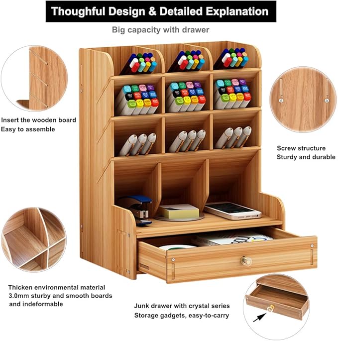Marbrasse Wooden Desk Organizer, Multi-Functional DIY Pen Holder, Organizer for desk, Desktop Stationary, Easy Assembly, Home Office Art Supplies Storage with Drawer (B11-Cherry Color)