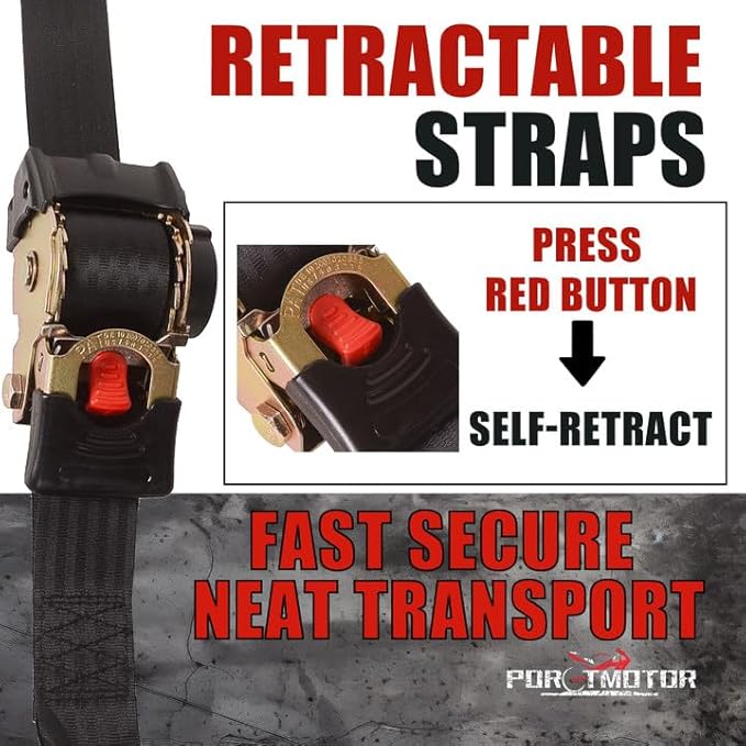 4 Pack Retractable Ratchet Straps (2" × 10'), 3000LBS Break Strength Self Retracting Ratchet Straps Heavy Duty Retractable Tie Down Straps for Motorcycle, Trailers, Boats, ATVs, UTVs
