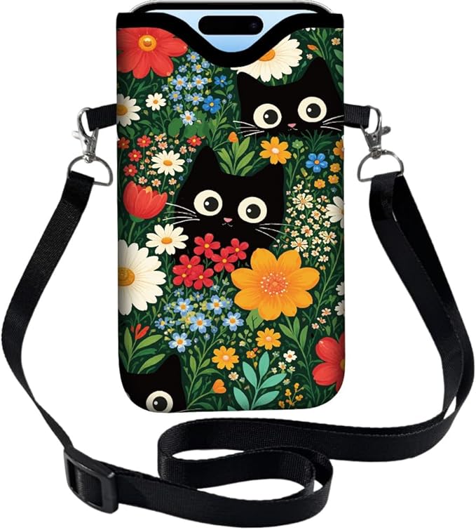 Cat Phone Pouch with Adjustable Strap Neck Lanyard Fits Most Smartphones 7.1 x 3.9 Inch Phone Crossbody Sleeve Black Cat Flower Pattern Neoprene Nylon Cellphone Carrying Case for Women Men