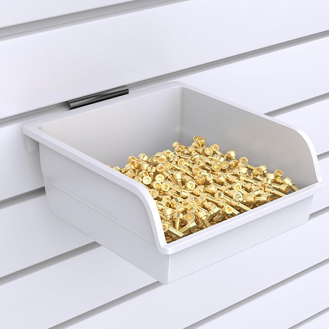 Slatwall Bins with Hooks Plastic Slatwall Organizer Slatwall Containers Workbench Bins for Slat Wall Organizing Hardware, Garage, Craft Room, Tool Shed, Hobby Supplies (12, White)