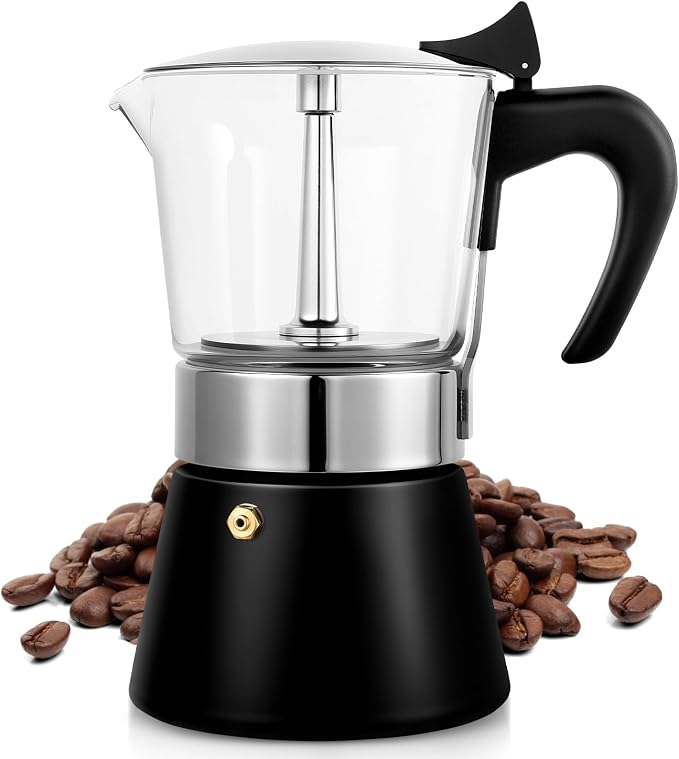 9 Cup 450ml Glass Moka Pot, Stovetop Espresso Maker, Black | Crystal Glass-top & Stainless Steel Coffee Maker, Induction Compatible, for Greca de Cafe, Cuban and Italian Coffee Brewing