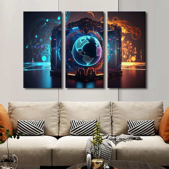 TUMOVO Concept Wall Art 3 Piece Neon Colorful Global World in Cyber Space Canvas Print Art for Bedroom Living Room Decorations, Cyber Space 3D Artwork Posters and Prints Ready to Hang, 60" Wx40 H