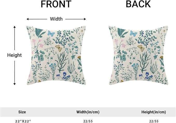 AEIOAE Spring Pillow Covers 22x22 Inch Set of 2,Blue Teal Wild Flower Plant Throw Pillows Case,Seasonal Floral Outdoor Decorative Square Linen Farmhouse Decor Cushion Covers for Home Sofa Bed Couch