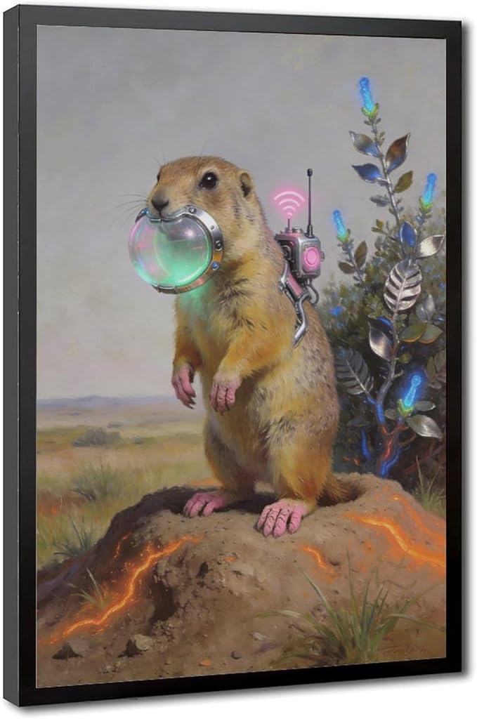 Framed Steampunk Mechanical Prairie Dog Wall Art - Retro-Futuristic Wilderness Poster for Living Room Game Room Decor 20x30in
