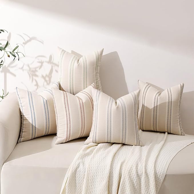 Hckot Stripe Throw Pillow Covers 20x20 Set of 2 Light Green Pillow Covers | Farmhouse Decorative Pillows Textured Linen Square Cushion Covers for Sofa Couch Bed Living Room Decor