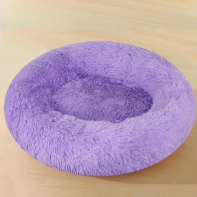 Calming Small Dog Bed & Cat Bed, 16 Inch Donut Fluffy Anti-Anxiety Round Bed Washable Cute Bed, Cuddler Warming Cozy Soft Bed, Plush Cushion Bed for Small Medium Dogs and Cats (Purple)