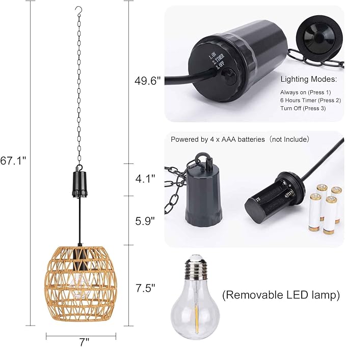 Larekook 6 Hours Timer Battery Operated Pendant Light with Warm White Bulb,Seagrass Woven Large Outdoor Hanging Rattan Lantern Waterproof,Battery Operated Chandelier for Patio Gazebo Tree Garden Decor