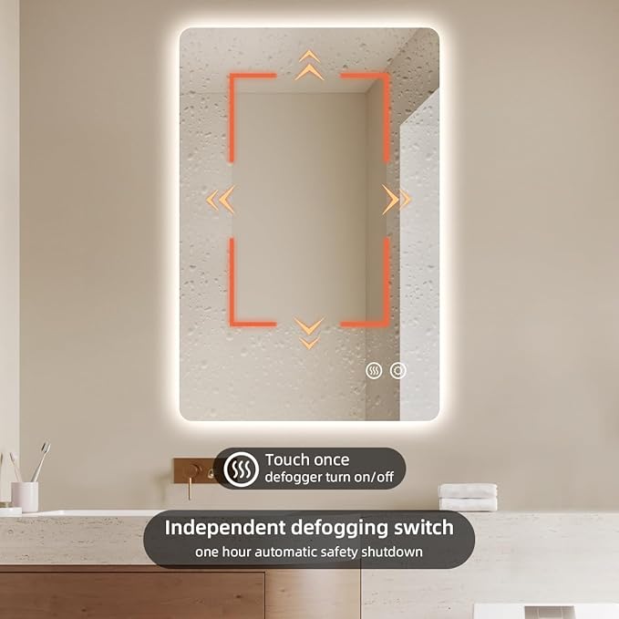24" x 36" Frameless LED Bathroom Mirror with Lights, Lighted Vanity Mirror with Anti-Fog, 3-Color Stepless Dimmable, Memory, Shatterproof, UL-Listed, Wall Backlit Mirror (Horizontal/Vertical)