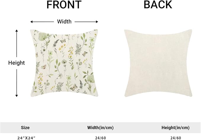 AEIOAE Spring Pillow Covers 24x24 Inch Set of 2, Sage Green Yellow Wild Flower Throw Pillows Case,Colorful Seasonal Floral Plant Outdoor Decorative Farmhouse Decor Cushion Covers for Sofa Bed Couch