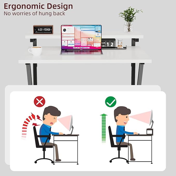 COTUBLR Small Desk, Small Computer Desk for Spaces, 27.5 Inch Computer Desk with Adjustable Monitor Stand, Compact Desk with Storage for Bedroom Home Office, White Tabletop+Black Frame