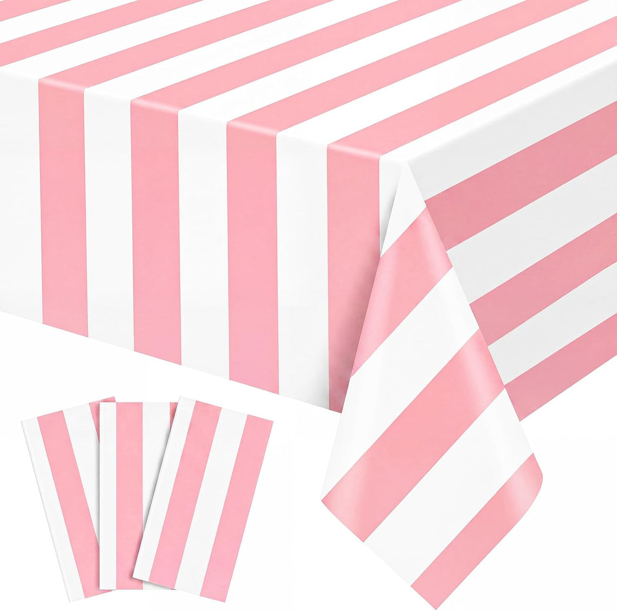 3 Pack Pink Striped Tablecloth, 54 x 108Inch Pink and White Striped Tablecloth Pink Carnival Theme Party Decorations Waterproof Plastic Table Cloth for Birthday Picnic Baby Shower Wedding Halloween