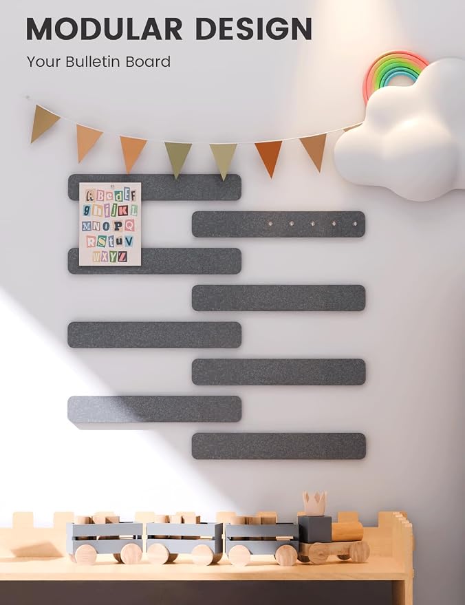 Fluxynara 13" x 2" Felt Wall Panels, Charcoal Gray | 8-Pack Includes 50 Push Pins and Adhesive Tabs for Photos, Notes and Decor in Bedroom Doors, Home Office or Studios