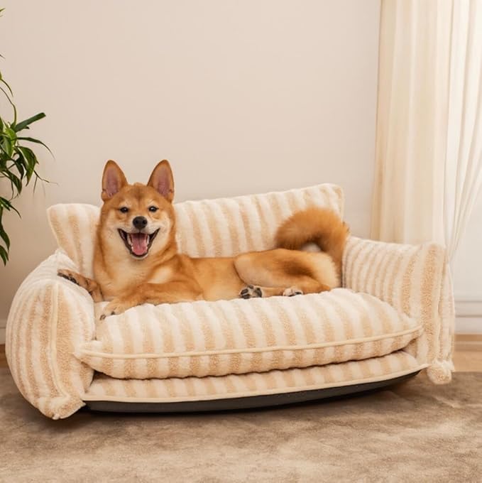 Lazy Holiday Plush Cozy Dog & Cat Sofa Bed, Teddy Velvet Dog Bed, Trendy Striped Faux Lambswool Double Layer Dog & Cat Sofa Bed Dogs Sleeping Mat for Medium Small Dogs & Cats (Black and White,L)