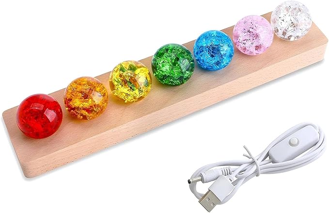40mm 7 Colors Ice Cracked Glass Crystal Chakra Sleep Lamp Decorative USB Lights with LED Wooden Base, for Meditation Positive Energy Gift Decoration Balls Set