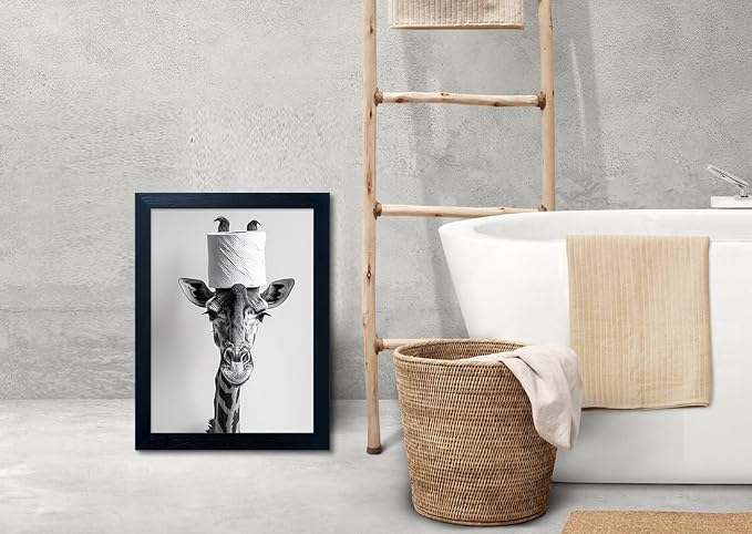 Funny Bathroom Wall Decor, Giraffe with a Toilet Paper Roll on Head Art Decor, Black and White Bathroom Pictures Wall Decor, Framed Humor Animal Canvas Print Artwork