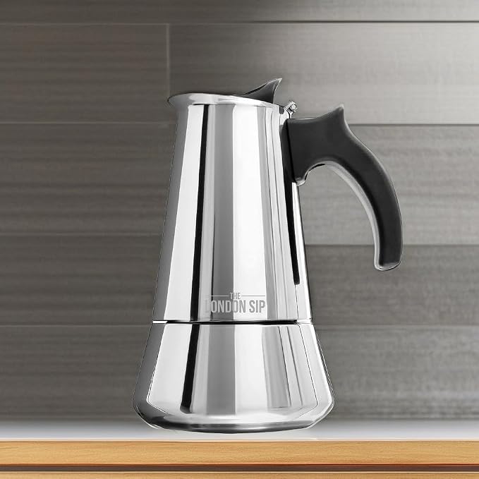 London Sip Stainless Steel Stovetop Espresso Maker Moka Pot Italian Coffee Percolator, Silver, 10 Espresso Cups