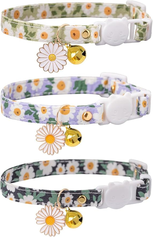 Cat Collar Breakaway with Bells,3 Pack Safety Adjustable Pet Collars,Ideal for Girl Boy Kittens. (Green Black Blue Daisy)