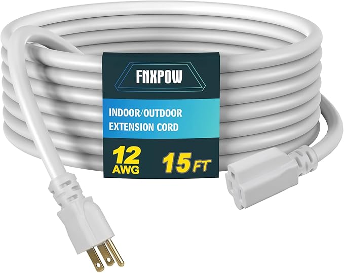 Indoor Outdoor Extension Cord, 12 Gauge 3 Prong Weatherproof Heavy Duty White Extension Cords, 12/3 SJTW 15A 15 FT Extension Cable for Garage, Garden and Home, UL Listed