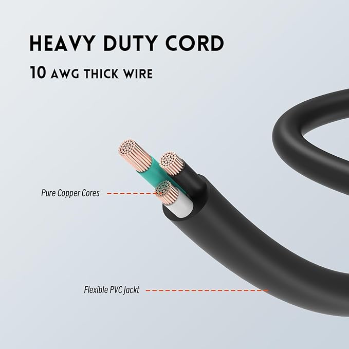 10 Gauge Heavy Duty Outdoor Extension Cord 50 FT, Waterproof Exterior Extension Cable with Lighted, 3 Prong Appliance Power Cord Outside, SJTW, 125 VAC, 15 Amp, 1875 Watts, Black