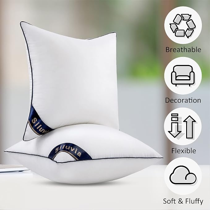 Siluvia 24x24 Pillow Inserts Set of 2 Square Throw 24 Euro Pillows with 100% Cotton Cover for Sofa, Couch, and Bed - White | 100% Premium Polyester Fill, Fluffy & Soft with Comfy Support - White Decorative Cushion Inserts for Couch, Sofa & Bed