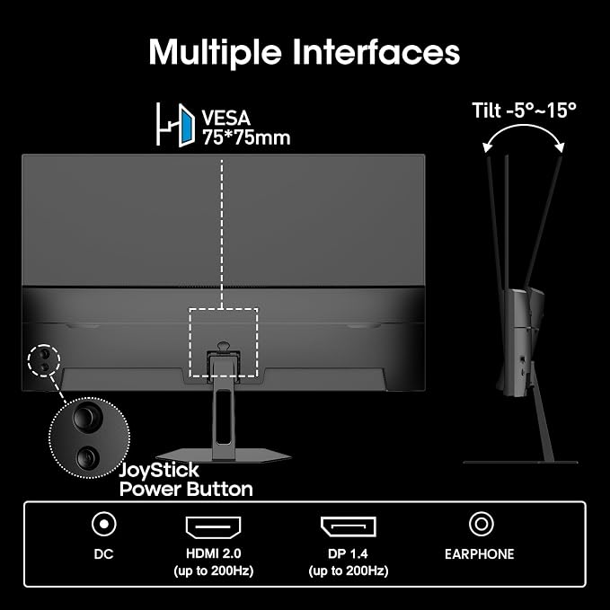 Amzfast 24 Inch Gaming Monitor 200Hz FHD 1080p Computer Monitor, 1ms Adaptive Sync, 3000:1, 129% sRGB, HDR Display, Eye Care, VESA 75x75, Metal Stand, HDMI 2.0 | DP 1.4, AMZG24X1