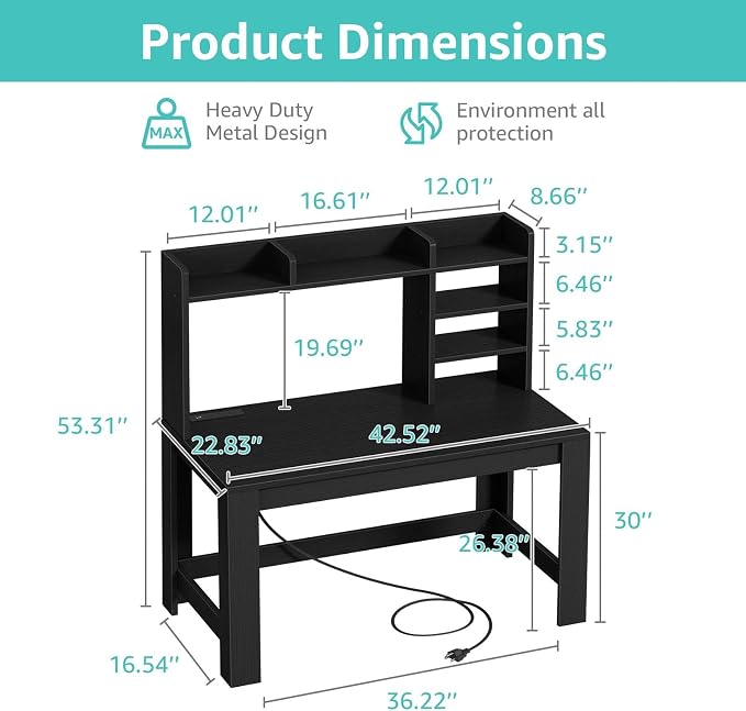 WINAZ 43" Black Gaming Desk with Hutch and Built-in Power Outlet | Modern Computer Desk with 3-Tier Storage Shelves and Hutch, Space-Saving Writing Table for Home Office