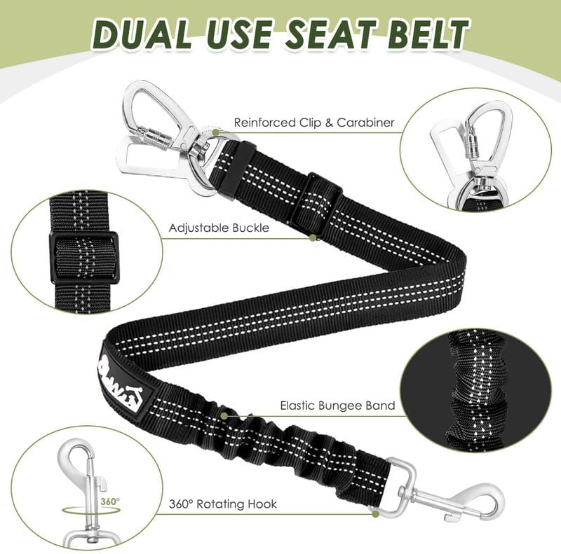 SlowTon Dog Seat Belt Harness for Car, Dog Car Harness Adjustable Mesh Breathable & Dog Seatbelt Safety Tether with Elastic Bungee for Small Medium Large Pets(Green, Double Clip, XXXS)