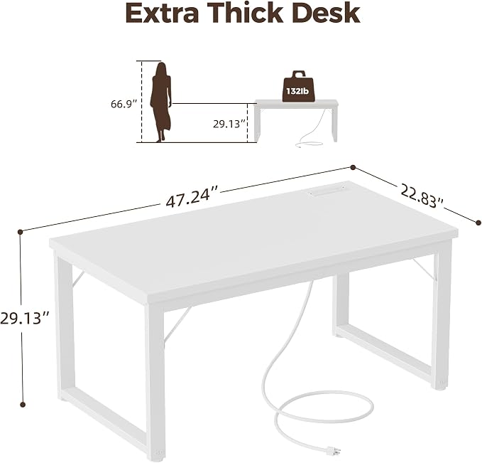 Mericonia 48 Inch Computer Desk with Power Outlets, 1.2" Thick Office Table | Modern Simple Style, Heavy Duty Industrial Frame, Small Study & Writing Table for Home Bedroom Work, White