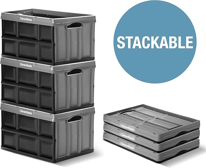 CleverMade Collapsible Storage Bins 46L (3-Pack) – Heavy Duty Collapsible Plastic Storage Bins, Stackable Folding Storage Bins for Car, Garage, Home Organization - Foldable Bins, Ocean